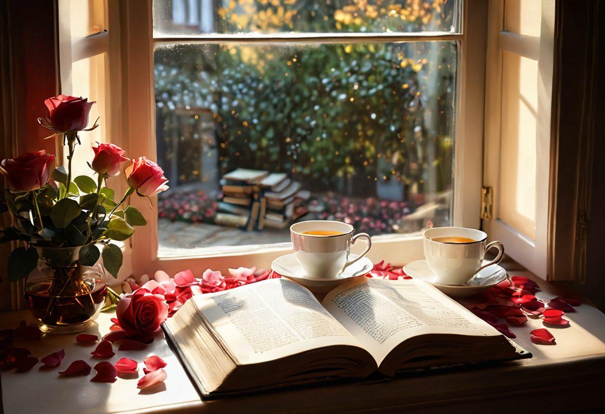 A cozy reading nook adorned with stacks of classic novels and delicate rose petals, a steaming cup of tea beside an open book featuring romantic passages. Soft golden light filters through a window, creating a warm ambiance. Illustrate a heart-shaped reflection in the window, symbolizing love intertwined with literature. super-realistic. warm colors. soft focus.