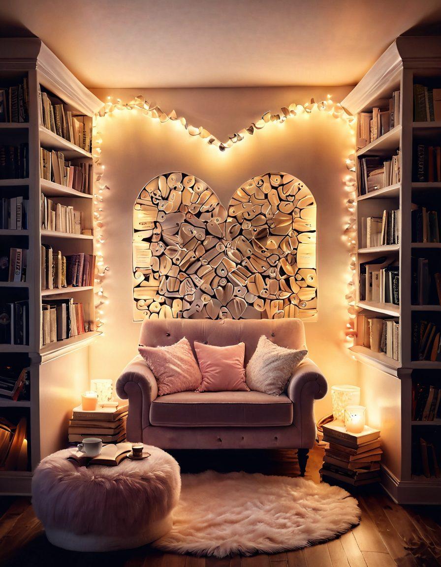 A cozy reading nook featuring a plush armchair surrounded by stacks of romantic novels, soft candlelight casting a warm glow, and delicate heart-shaped decorations hanging from the ceiling. A steaming cup of tea rests on a small side table, with a whimsical, dreamy backdrop of floating book pages and swirling hearts in soft pastel colors. super-realistic. warm tones. soft lighting.