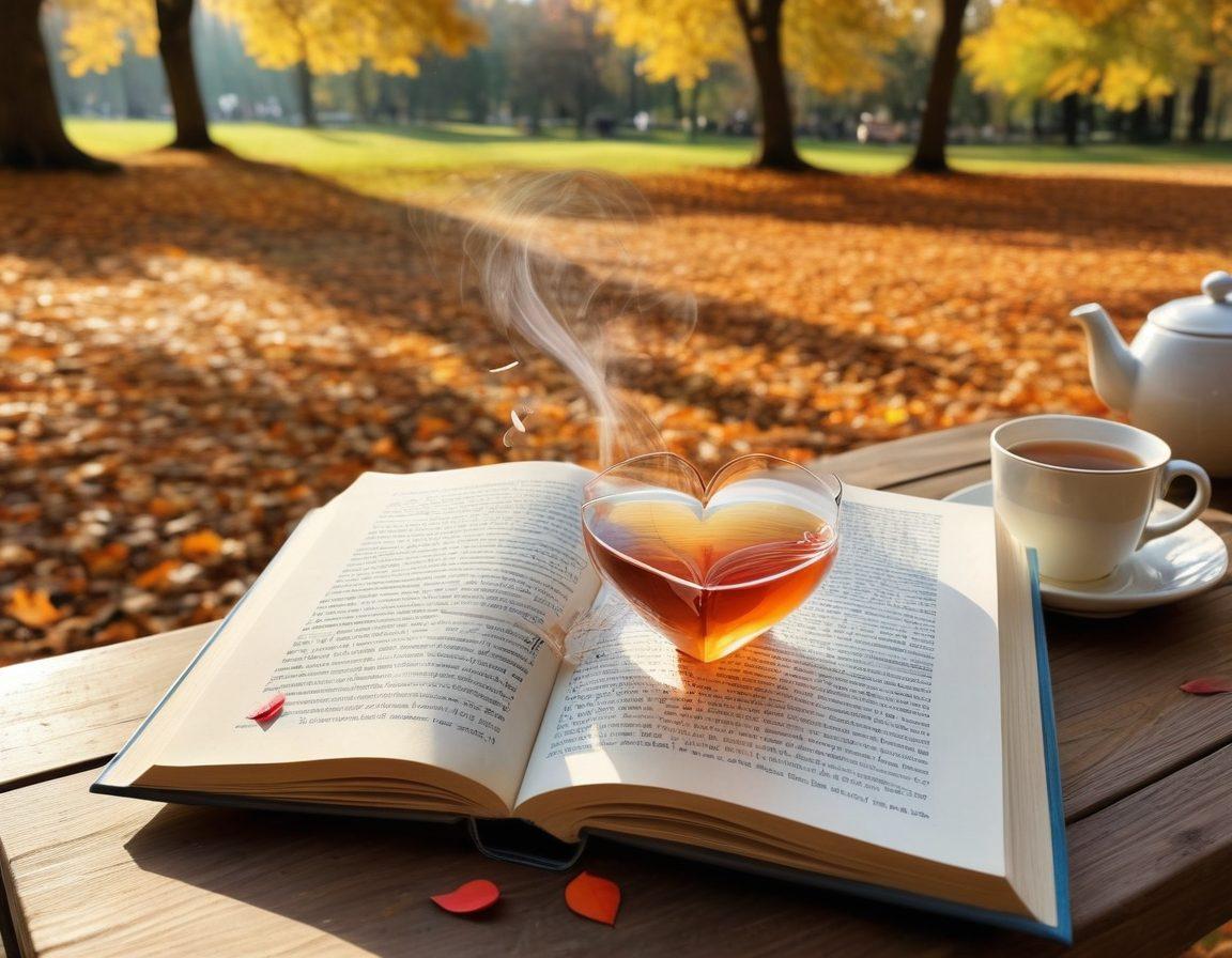 A cozy scene of an open book laying on a wooden table, with pages softly fluttering in a gentle breeze. Surrounding the book are heart-shaped bookmarks and a steaming cup of tea, symbolizing warmth and connection. In the background, silhouettes of readers are seen enjoying stories in a park, creating a sense of shared adventure. The sunlight filters through leaves, adding a touch of magic. vibrant colors. painting.